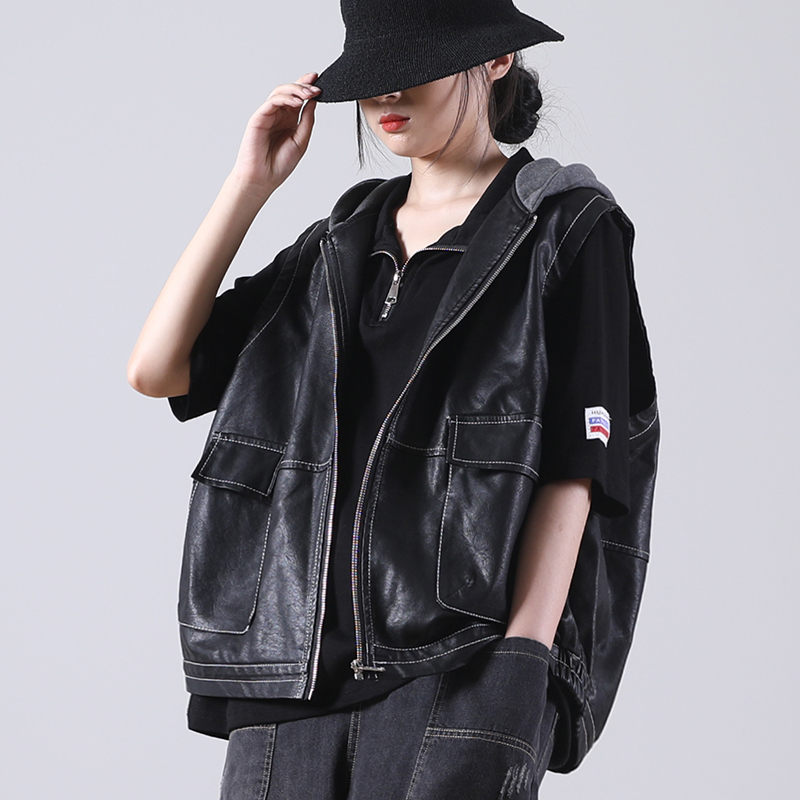 가을 여성 양복 조끼 2021 새로운 한국어 버전 느슨한 대형 문학 바느질 모자 가죽 조끼 짧은 자켓 겉옷 M468